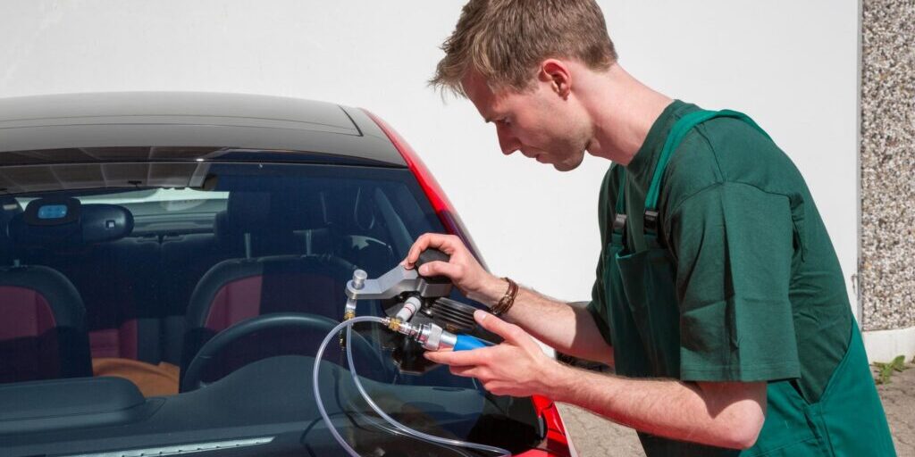 worker repairing the windshield